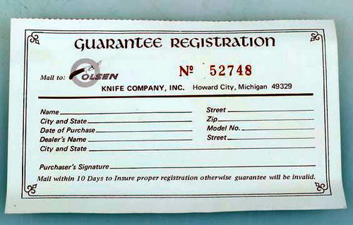 Olsen Knife Company - Registration Card (newer photo)